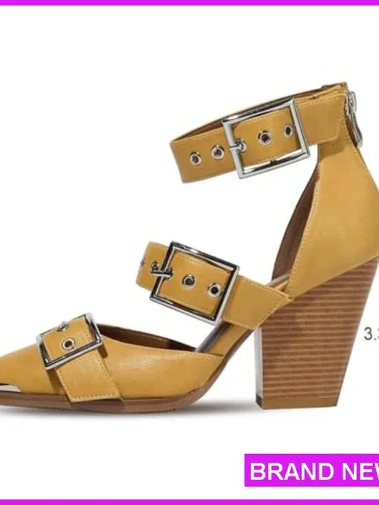 Pointed Toe Pumps Chunky Wedge Heels Ankle Strap Western Sandals Metal Buckle - Picture 4 of 6